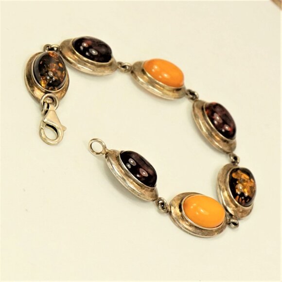 Multi Amber And 925 Silver Link Bracelet 7" - Unisex Amber Jewelry Gift - Picture 3 of 13